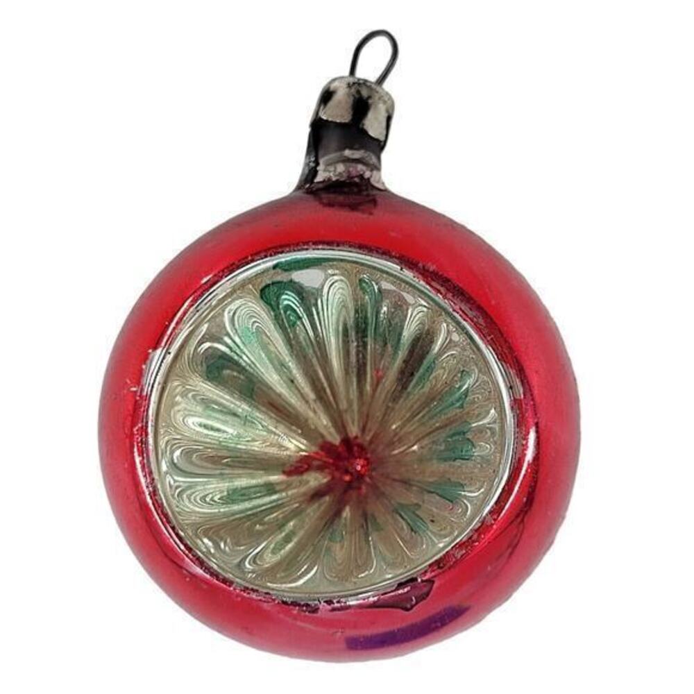 Antique Red Gold and Snow‎ Mercury Glass Polish indent Round Christmas Ornament